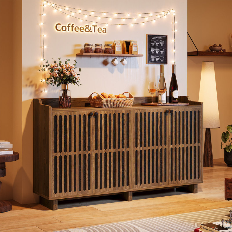 Sideboard Buffet Cabinet 55 Inch Farmhouse Kitchen Storage Cabinet With 4 Doors And Adjustable Shelves